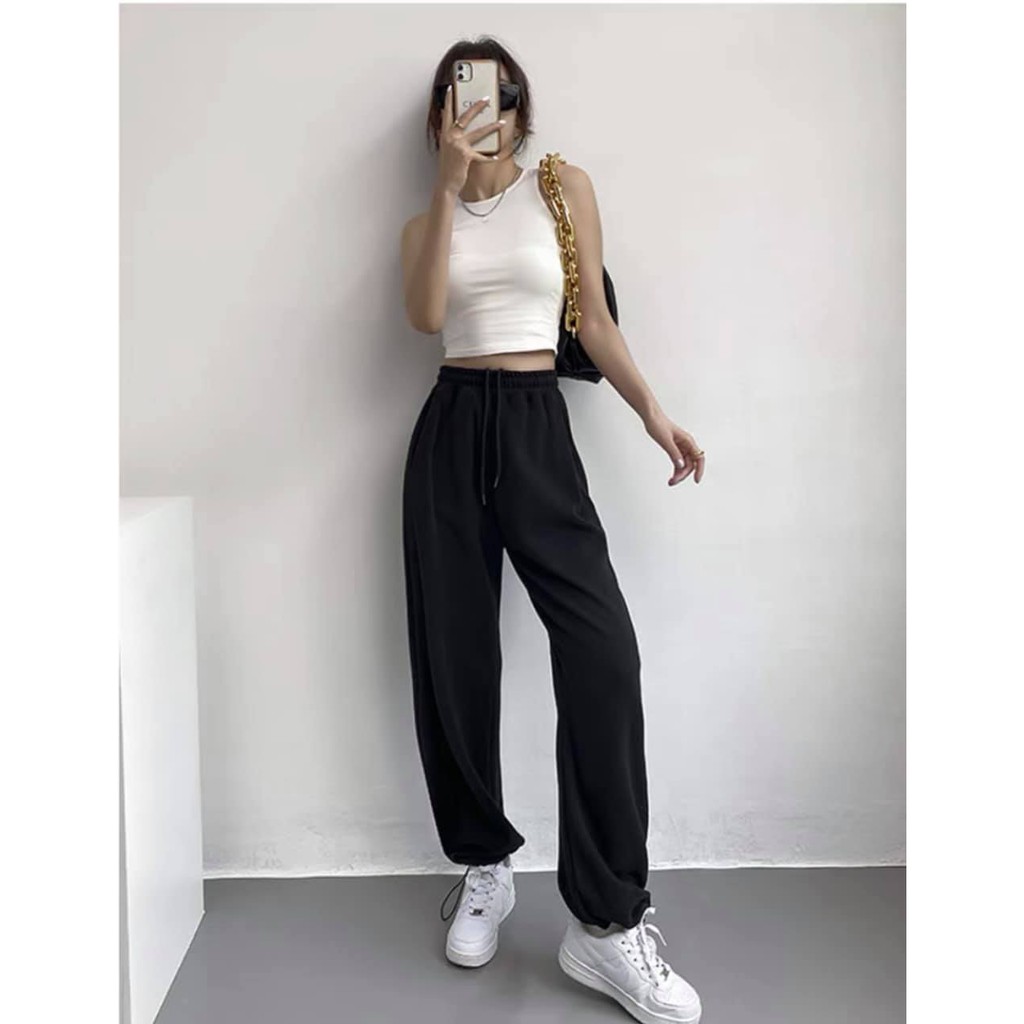 Quần Jogger Thun Thể Thao Nam Nữ Ống Rộng Dây Rút Unisex