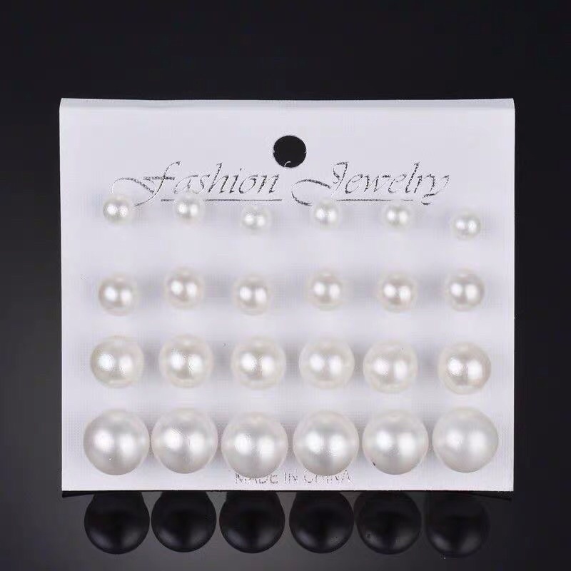 Set 24 bông tai ngọc trai nhân tạo hoa tai tròn nhựa trắng nhiều size nhiều kích thước