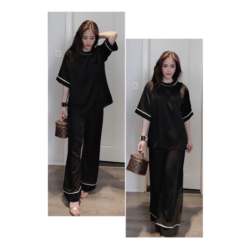 Set lụa mix quần ống rộng