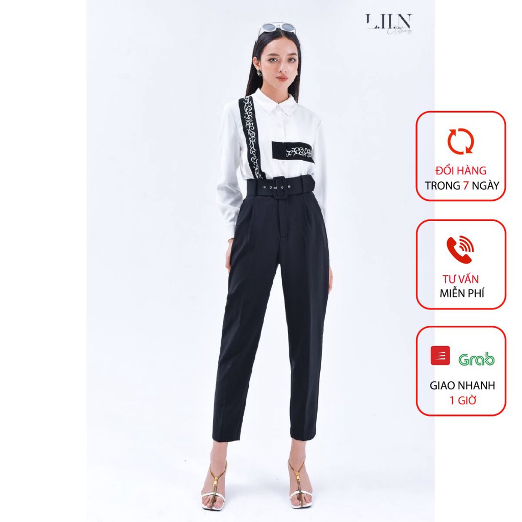 Quần baggy nữ LINBI màu đen kèm đai, thanh lịch, sang trọng Q3197