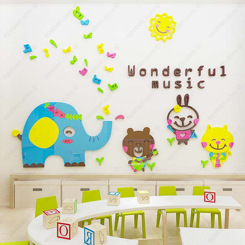 Tranh dán tường mica 3d decor khổ lớn thế giới âm nhạc cho bé trang trí mầm non, phòng cho bé Nhiều Size - EPeBen