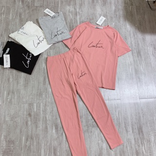 Bộ thun trơn chữ áo thụng quần legging
