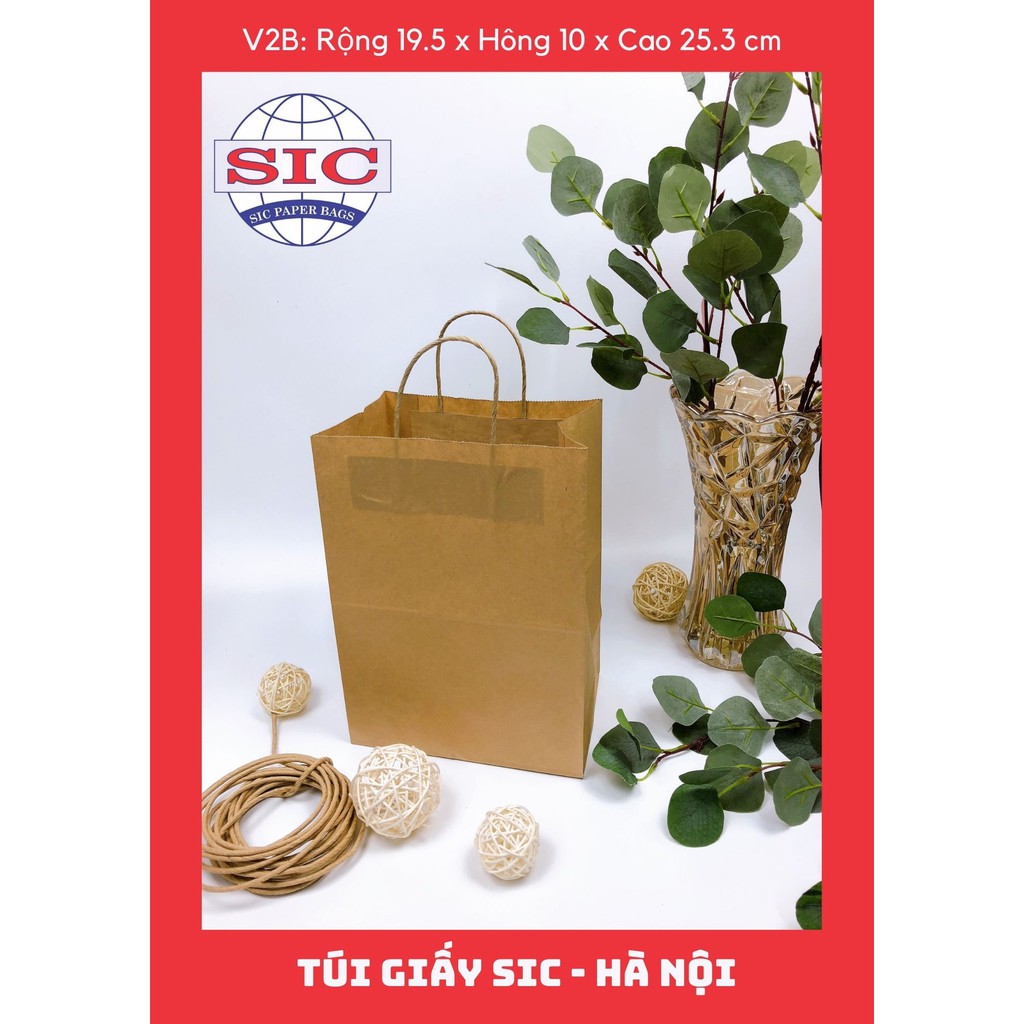 [SET 100 CHIẾC] TÚI GIẤY KRAFT V2B: 19.5x10x25.3cm CÓ QUAI (ẢNH THẬT)
