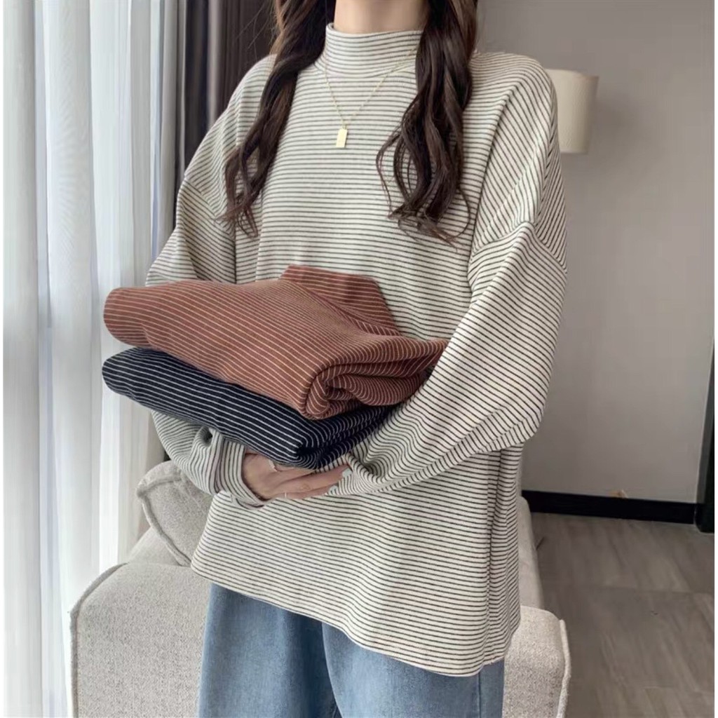 Áo sweater nỉ kẻ ngang cổ 3 phân form rộng ulzzang