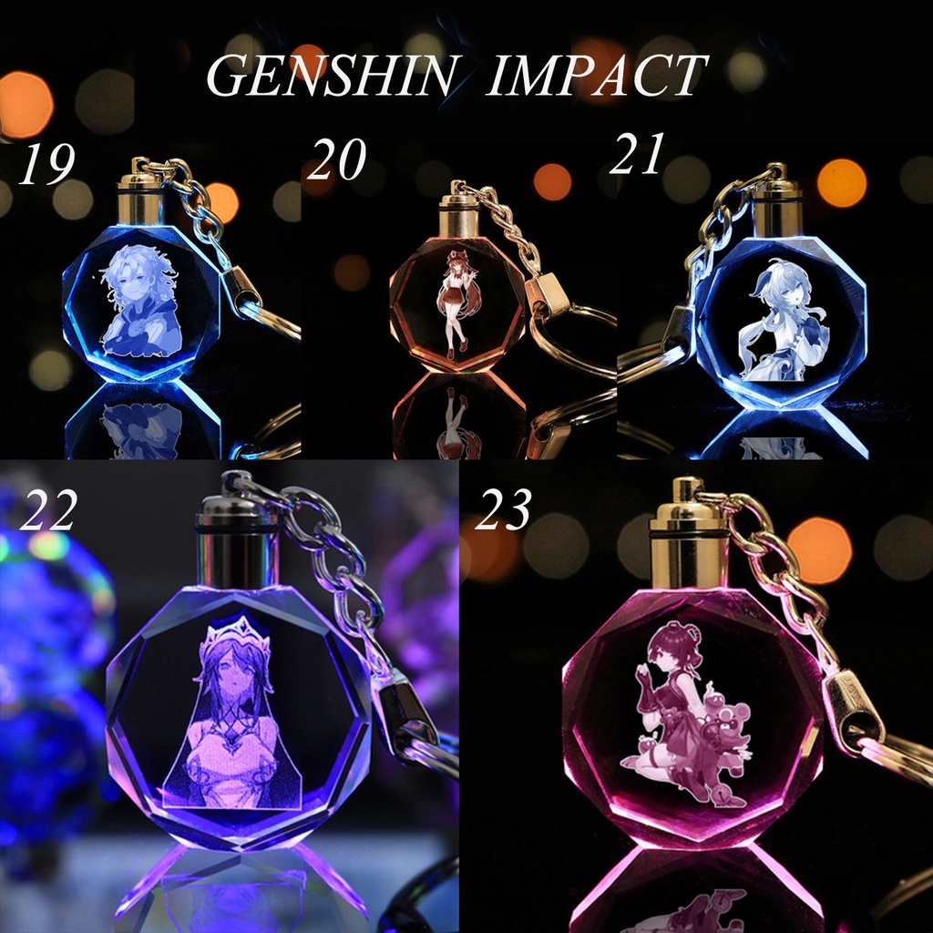 Móc khóa mặt pha lê LED hình Genshin Impact Wendy Klee Keqing QiQ có hộp quà
