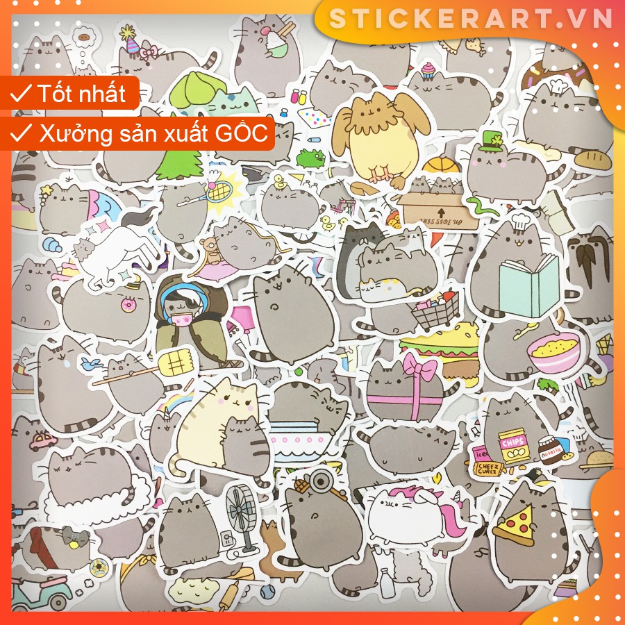 [PUSHEEN CAT] 100 Sticker 5CM chống nước dán laptop vali xe mũ bảo hiểm nhà cửa ...