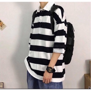 Áo polo sọc ngang xanh đen