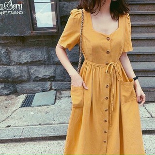 Đầm váy freesize vàng nghệ 2 túi