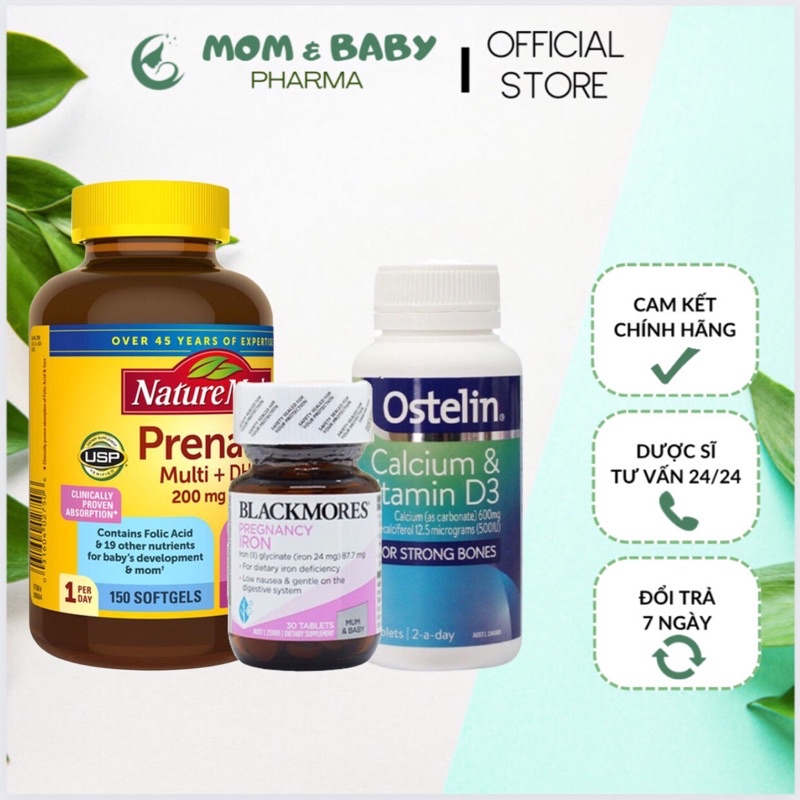 Combo Trọn Bộ Dinh Dưỡng Mẹ Bầu - Viên Sắt Iron Blackmores ,Calcium Vitamin D3 Ostelin, Vitamin Bầu Prenatal Multi+DHA
