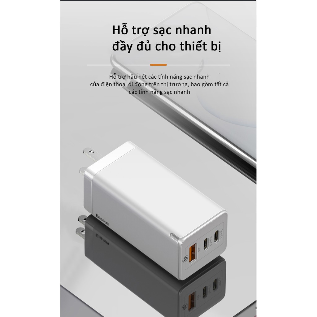 Củ sạc Baseus Sạc Nhanh 65W Quick Charge 4.0 3.0 USB C PD Sạc 3 Cổng USB Di Động sạc ForMacbook Pro ForiPhone