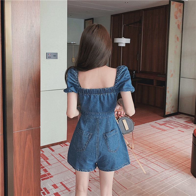 Jumpsuit denim ngắn cổ vuông dây kéo trẻ trung