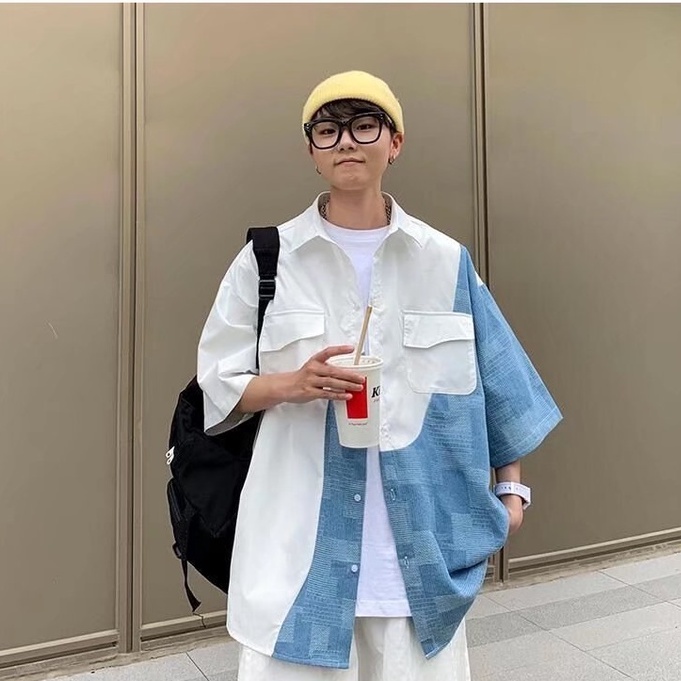 Áo sơ mi tay ngắn dáng rộng màu tương phản phong cách hồng kông cá tính cho nam  áo sơ mi nam bigsize unisex from rộng  màu xanh splice hàn quốc áo nam đẹp simple retro thời trang tình nhân