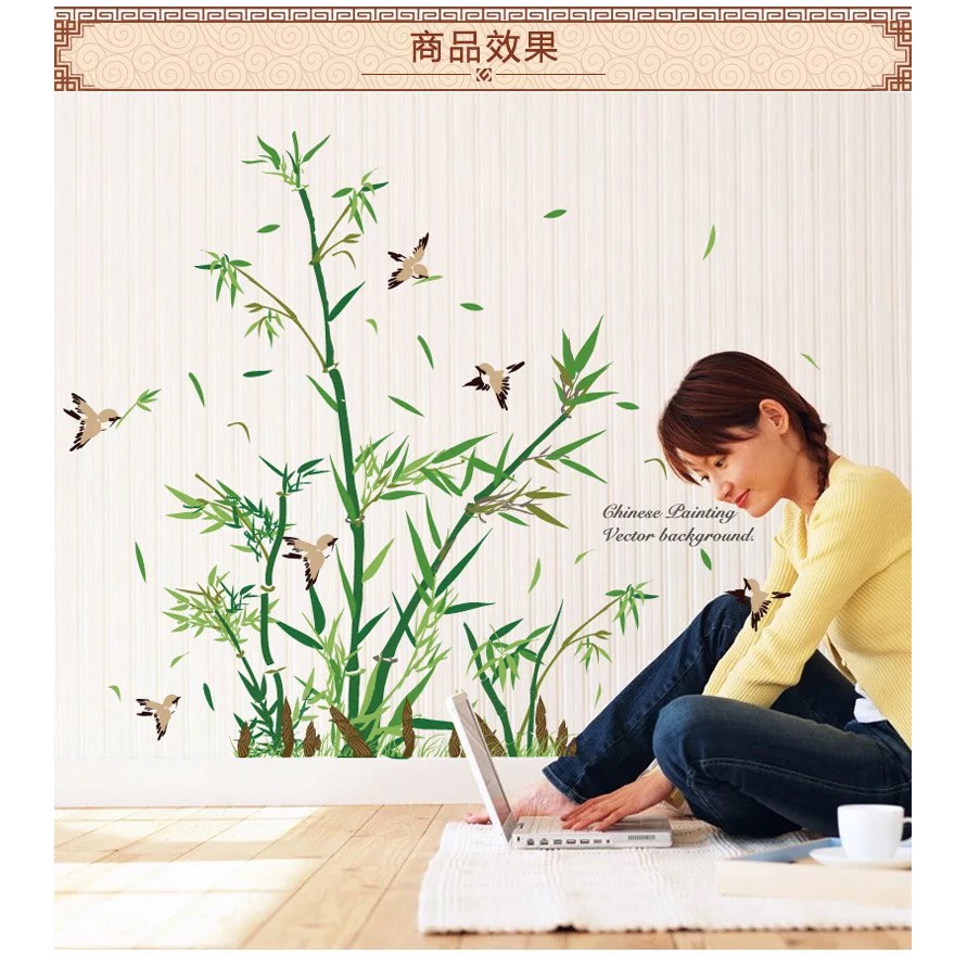 Decal trang trí tường bụ Trúc nhí xanh cùng Chim