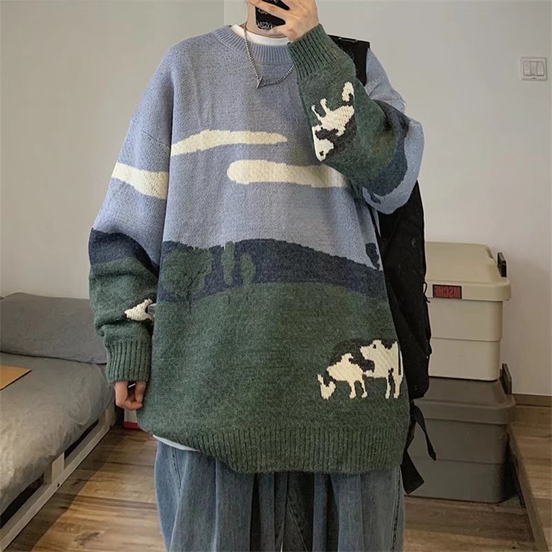 Áo sweater cổ tròn dáng rộng màu sắc tương phản phong cách Harajuku size M-2XL