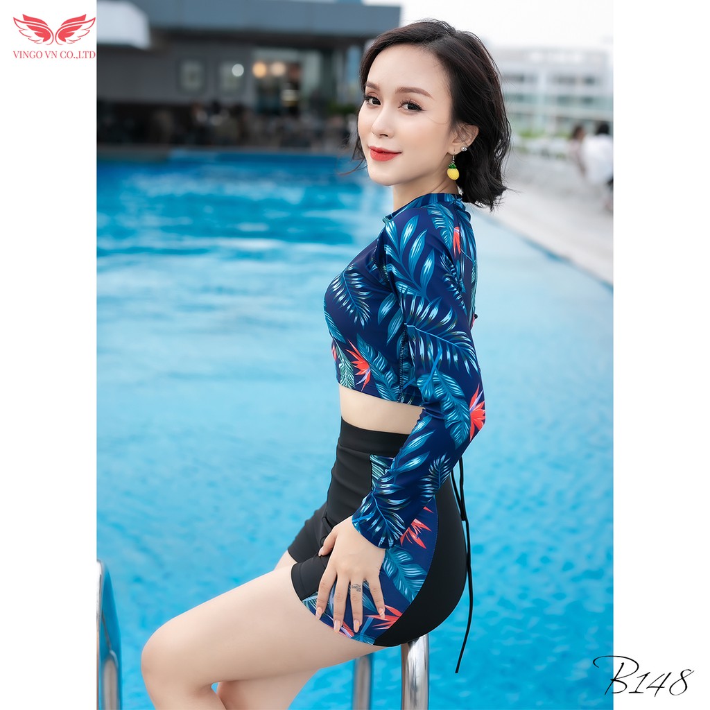 VINGO Sét Đồ Bơi Bikini Nữ Hai Mảnh Áo Croptop Tay Dài Quần Short Chất Thun Họa Tiết Lá B148 VNGO | BigBuy360 - bigbuy360.vn