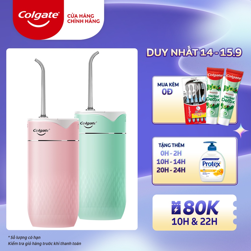 Máy tăm nước Colgate cầm tay chống nước IPX7 trắng sáng răng Màu Hồng và Xanh bạc hà