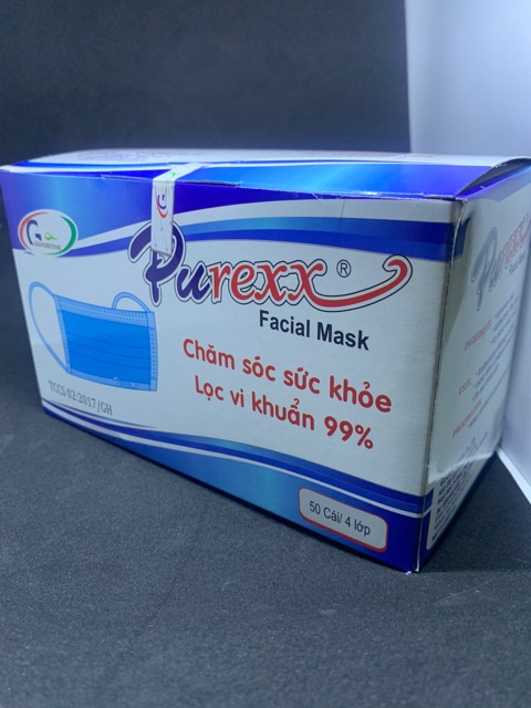 Khẩu trang y tế dày mịn 4 lớp Purexx màu xanh - Vải kháng khuẩn không dệt, không bị xù lông, chống khói bụi, vi khuẩn
