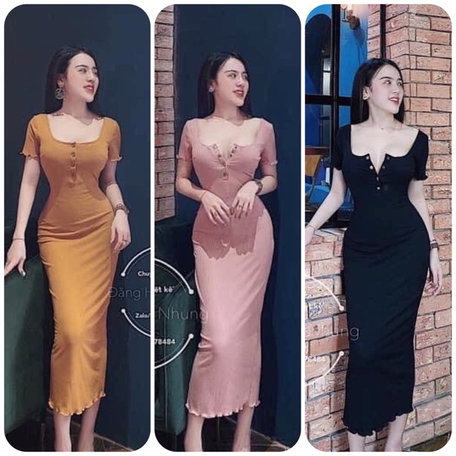 Đầm Body Cổ Trụ Tay Ngắn Phối Cúc - Form Dài Sexy 🌸 VN01 | BigBuy360 - bigbuy360.vn