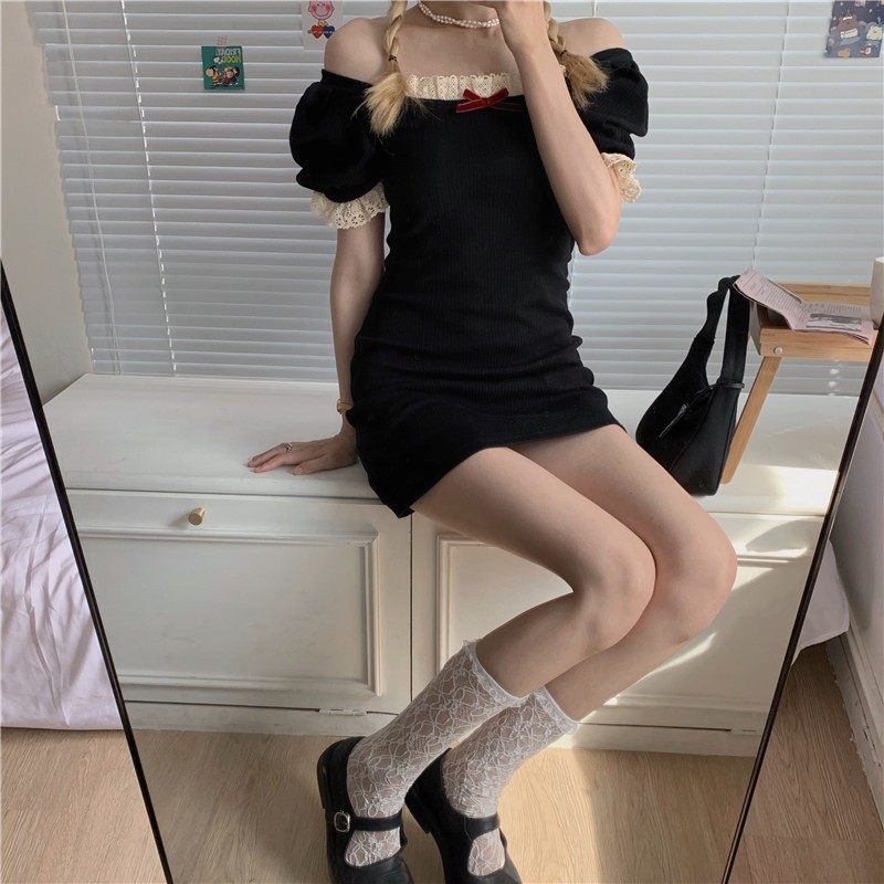 Đầm / Váy / Áo Sơ Mi Đan Cổ Vuông Tay Ngắn Phối Ren Hàn Quốc | BigBuy360 - bigbuy360.vn