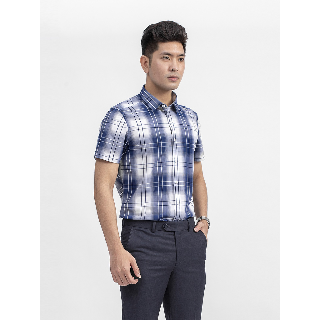Áo Sơ Mi Nam Tay Ngắn Aristino ASS004S9 Màu Xanh Caro Trắng Dáng Slim Fit Vải Sợi Sồi