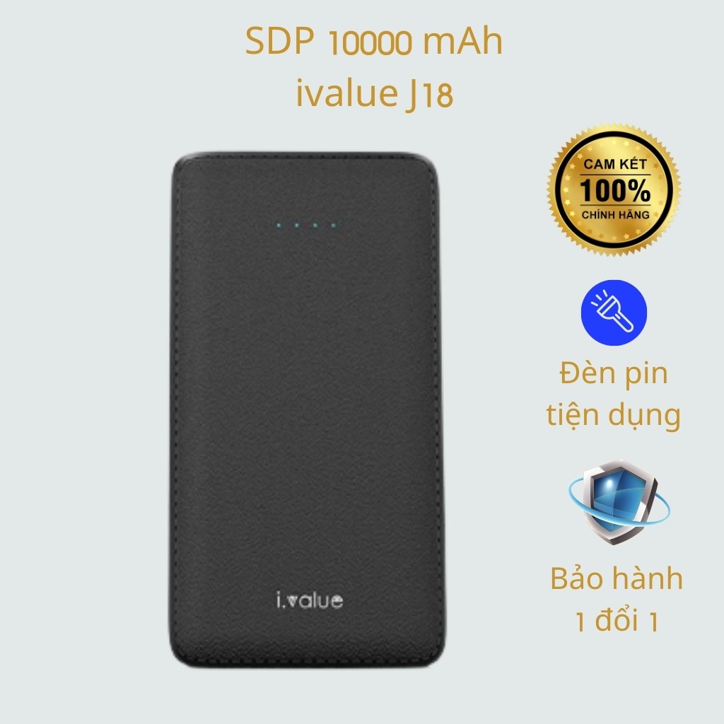 Pin sạc dự phòng Li-polymer 10000mAh ivalue J18, Có đèn pin, Hàng chính hãng