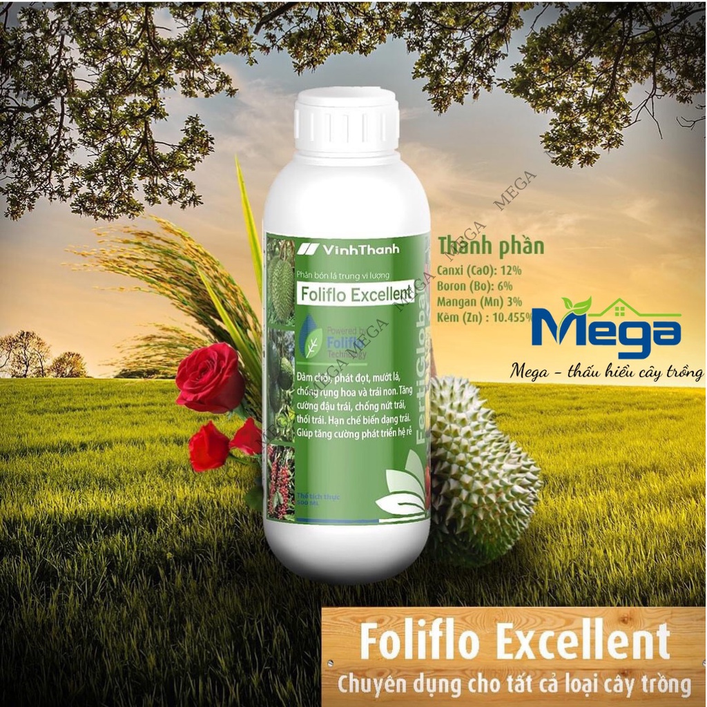 Excellent 500ml phân bón lá trung vi lượng nước: bo, canxi, mangan, kẽm chống rụng trái, thối trái, nứt trái - mega