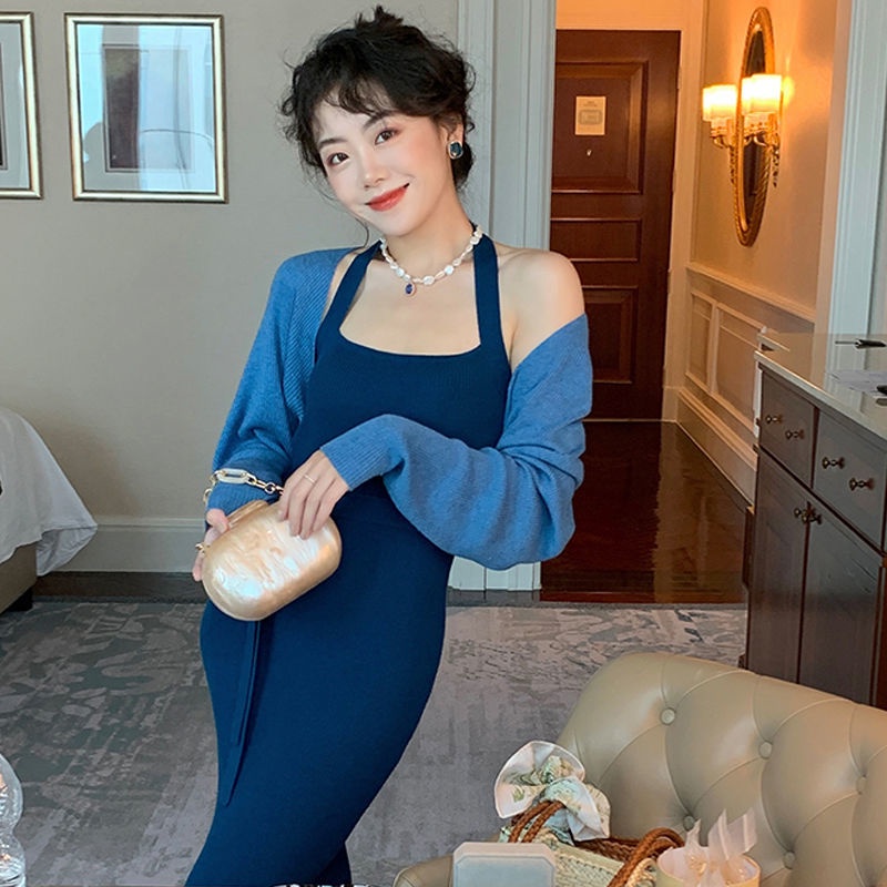 Set Đầm Ôm Dáng + Áo Khoác Cardigan Dệt Kim Mỏng Phong Cách Retro Thời Trang Mùa Thu Cho Nữ