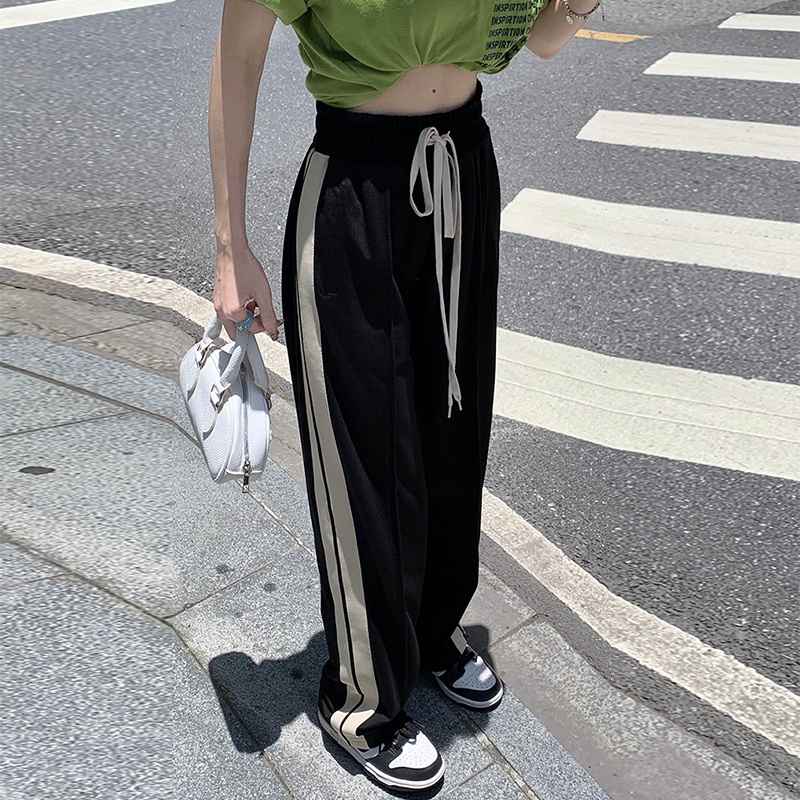 Quần dài ZHELIHANGFEI ống rộng lưng cao họa tiết sọc thời trang cho nữ