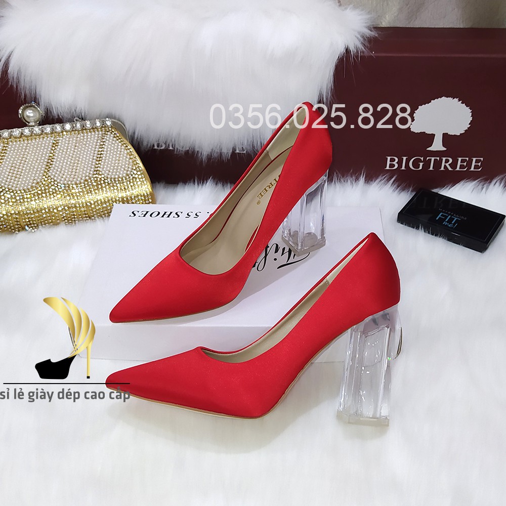 GIÀY CAO GÓT BIGTREE MŨI NHỌN ĐẾ TRONG VUÔNG VẢI SATIN- 10cm- Ảnh thật