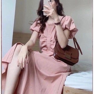 Đầm midi kate lụa nhún ngực hồng nude mịn đẹp
