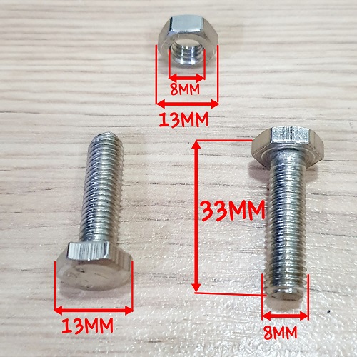 Gói 10 Bộ Bulon Đầu Bằng Phẳng Lục Giác Ngoài INOX 304 Size M8 Răng 8mm Dài 33mm Sáng Bóng Gia Công Tỉ Mỉ