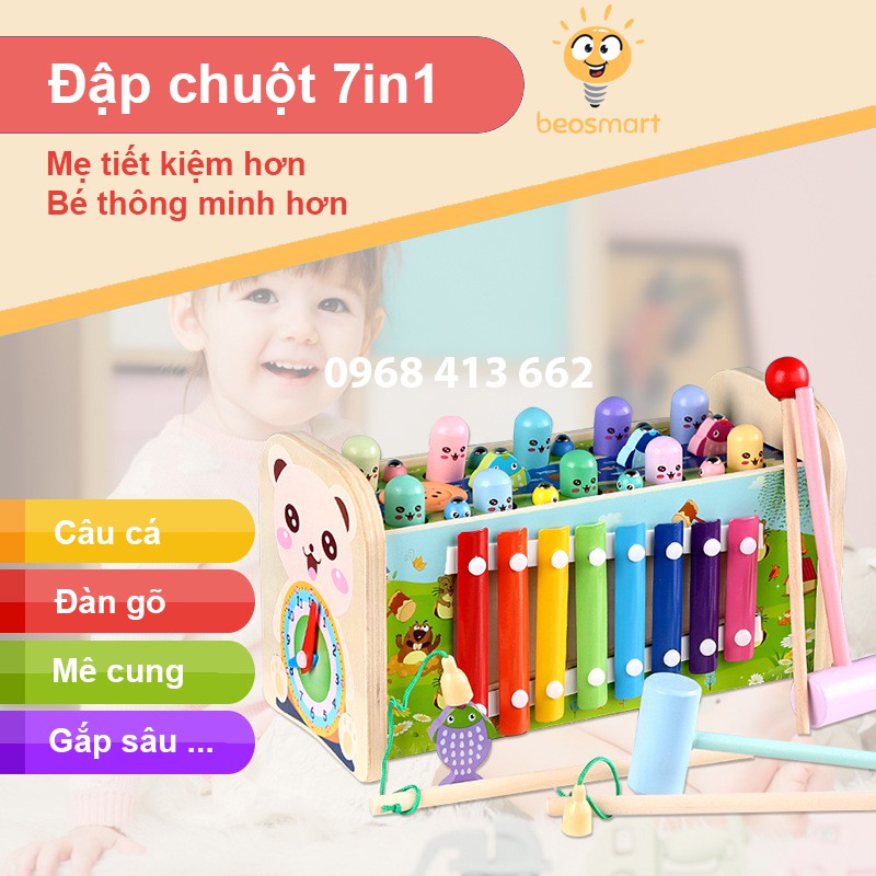 [SIÊU PHẨM 7IN1] Bộ Đồ Chơi Đập Chuột Kèm Câu Cá 7in1 Bằng Gỗ Cho Bé Phát Triển Trí Tuệ - BEOSMART