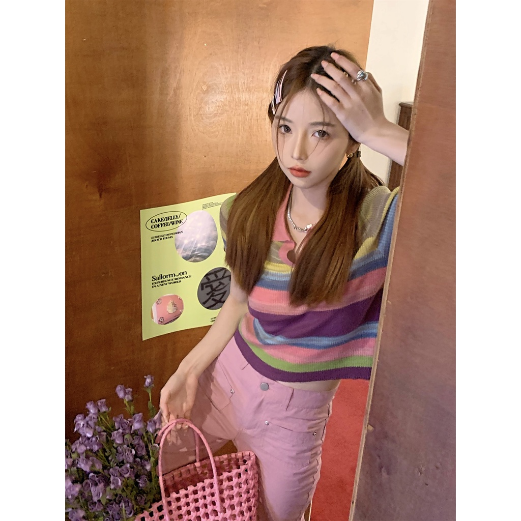 Xiaozhainv Áo dệt kim Xiaozhainv cổ polo ngắn tay họa tiết kẻ sọc thời trang hè cho nữ