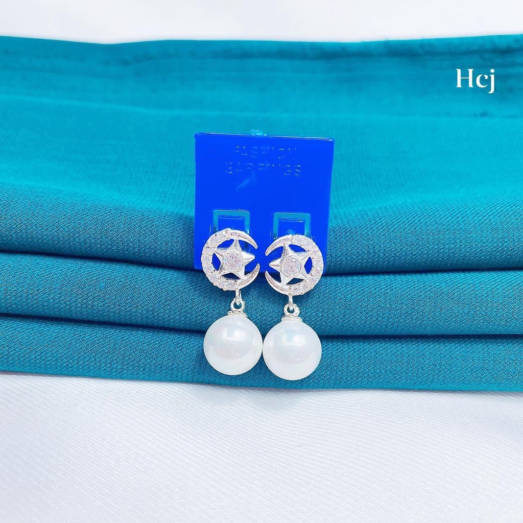 Bông tai nữ bạc thật, bông tai trăng sao treo hạt trai nhân tạo siêu xinh - Kho sỉ bạc Nhất Linh