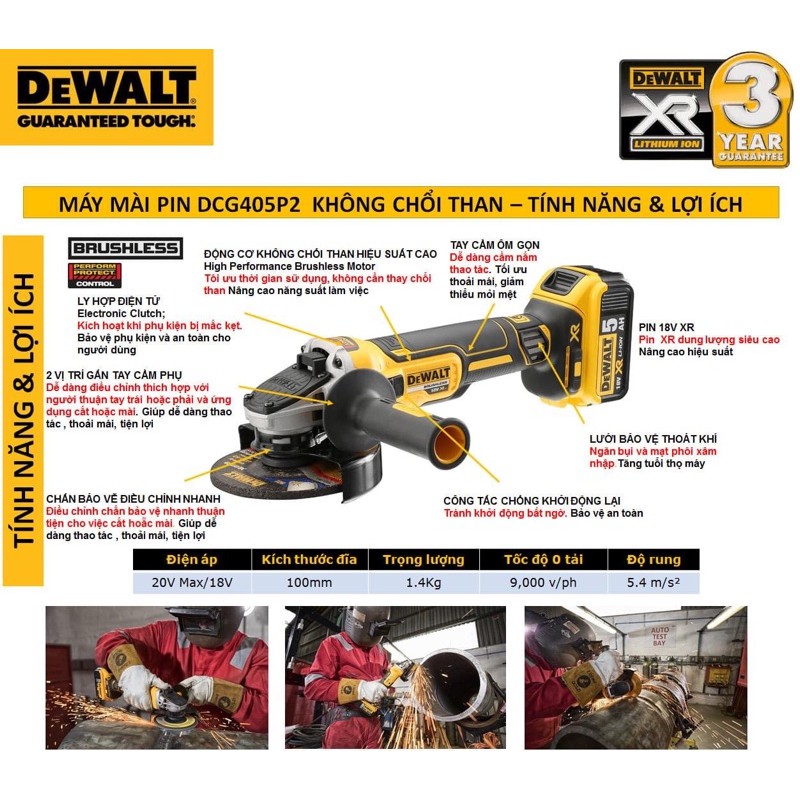 DEWALT DCG405N - Thân Máy Mài Pin 18V 100mm Công tác Thân - Chính Hãng - SKU DCG405 DCG405N-KR