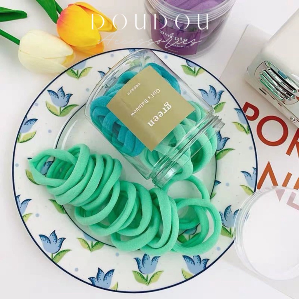 Hộp 50 dây chun buộc tóc Doudou Dây cột tóc nữ sợi to dày phong cách Hàn Quốc nhiều màu gam kẹo ngọt xinh xắn PJ009