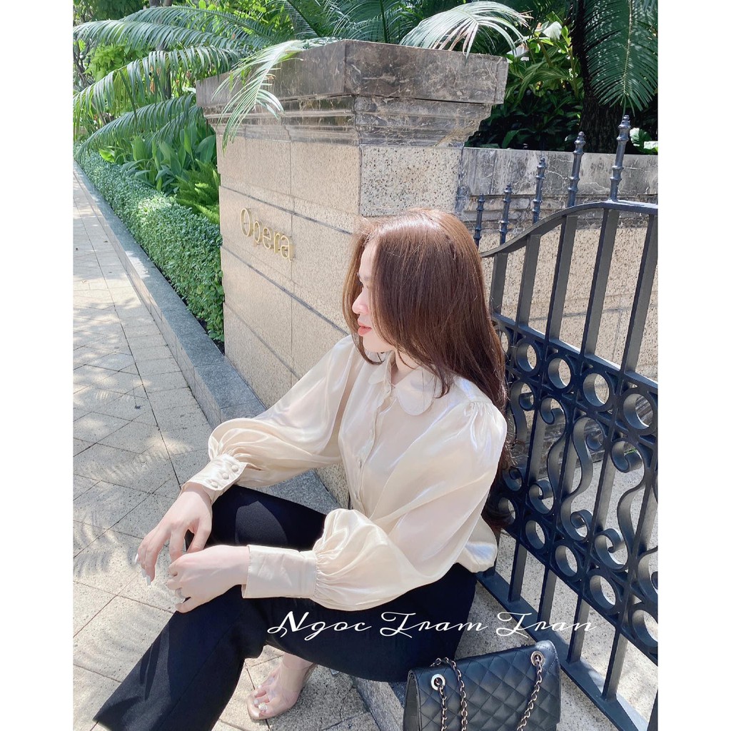 [Mã FAMARAL1 giảm 10K đơn 50K] ÁO SƠ MI MÀU BE CỔ SEN TAY BỒNG