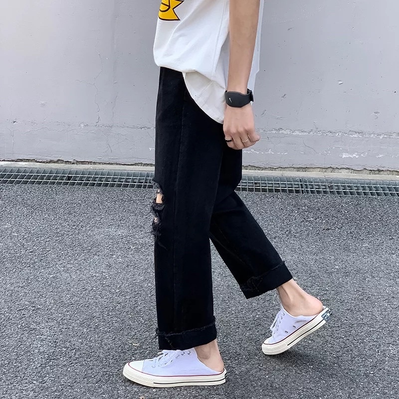QUẦN BAGGY JEANS ỐNG RỘNG NAM T-A-NDÁNG SUÔNG PHONG CÁCH HÀN QUỐC-QJR24-THỜI TRANG UNISEX-có size NamNữ Rách màu đen