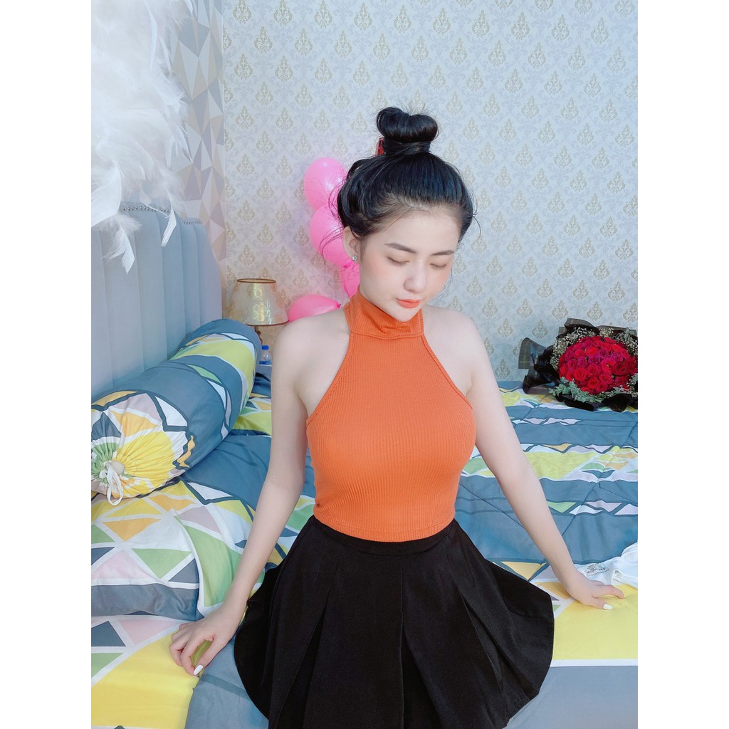 áo yếm croptop cổ cao cài nút sau xinh thun gân đẹp