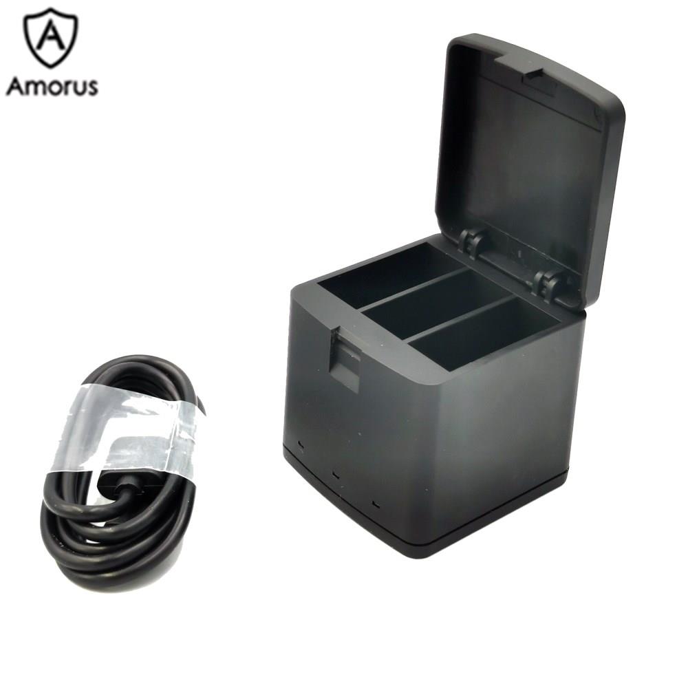 Hộp sạc pin Amorus 3 khe cắm kết nối cổng USB cho GoPro Hero 9 màu đen