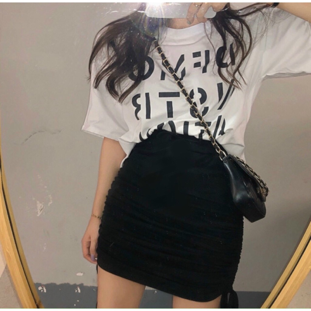 Bộ Áo Thun Chân Váy Ngắn DEMO 🦋 Set Chân Váy Rút Dây Dài Ngắn Mặc 2 Kiểu Đen Kèm Áo Phông Cộc Tay ATION In Chữ Trắng 🦋