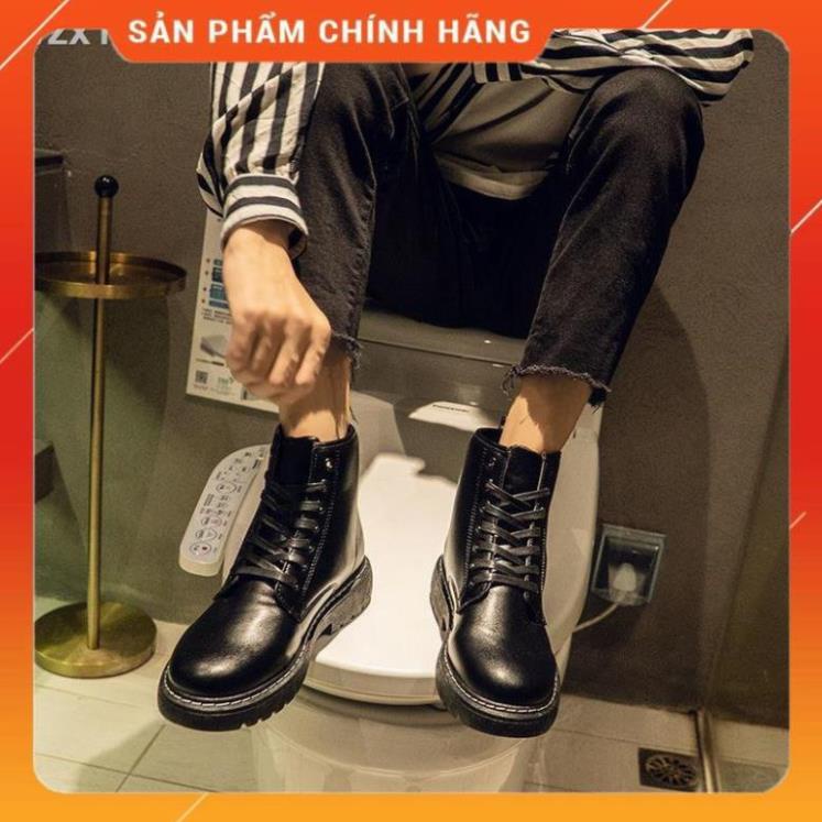Giày cao cổ Martin boots nam British all-match tooling Hàn Quốc phiên bản đầu máy thủy triều đế dày tăng đơ da đen -PL9