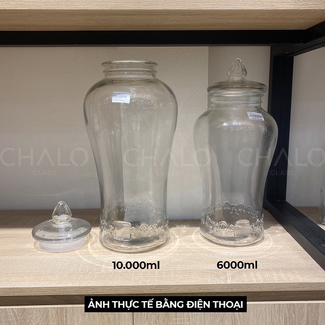 Bình thuỷ tinh ngâm rượu dáng chân mây thắt eo nắp núm gioăng nhựa -  6L - 10L