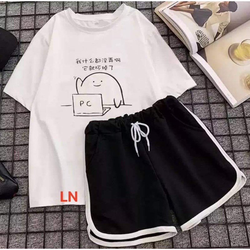 Sét áo thỏ ngồi máy tính+quần đùi viền LN12