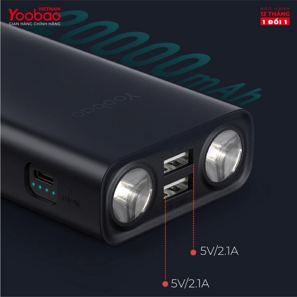 Pin sạc dự phòng Yoobao L20 20000mAh tích hợp 2 đèn LED siêu sáng-Thiết kế hiện đại