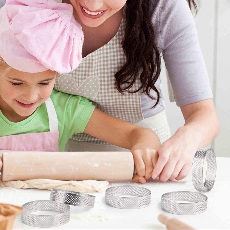 8 gói Nhẫn bánh Tart bằng thép không gỉ , Vòng bánh Mousse đục lỗ chịu nhiệt , Khuôn vòng làm bánh , Dụng cụ nướng bánh vòng