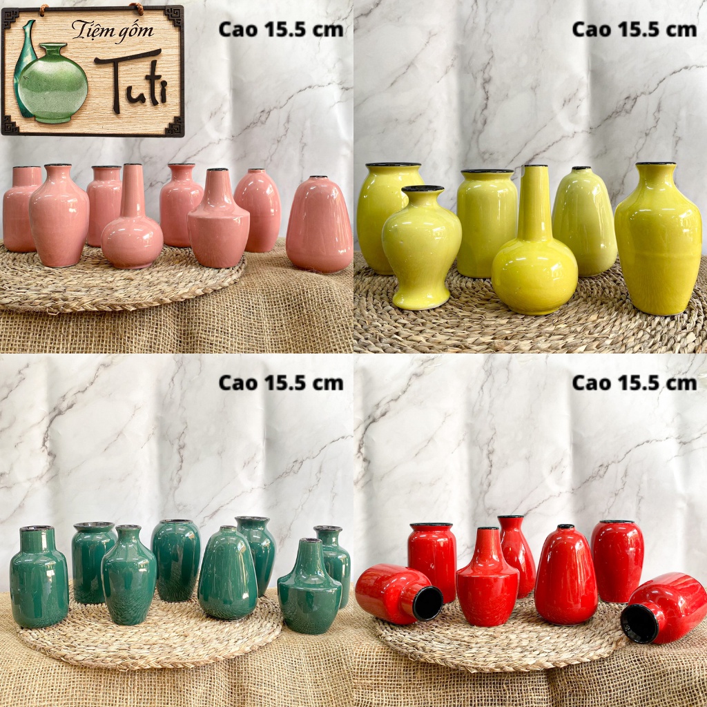 Lọ hoa mini VINTAGE - BÁT TRÀNG- men màu sắc cao cấp, cực bóng để cắm hoa khô, trang trí, để bàn H15.5 cm