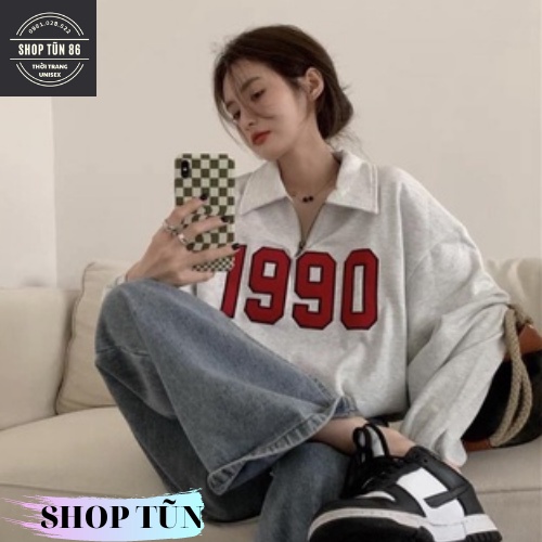 Áo sweater polo dài tay unisex dưới 80kg chất thun SHOP TŨN - Áo polo dài tay phối khóa cổ 1990