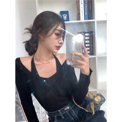 Áo Sweater Tay Dài Cổ Yếm Ôm Dáng Quyến Rũ Thời Trang Hàn Quốc Cho Nữ