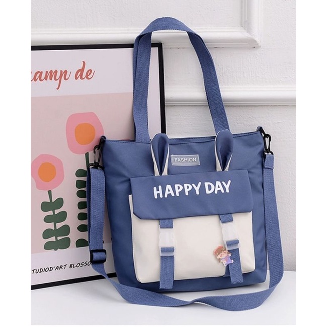 Túi vải thỏ Happy Day có lớp lóp, khóa kéo, dây đeo chéo, mã 615